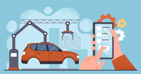 Illustration for Controlling conveyors work. Character with smartphone controls assembly of car and vehicle. Factory, industrialization and automation of production processes. Cartoon flat vector illustration - Royalty Free Image