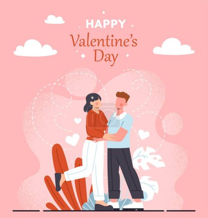 Illustration for Couple in love. Happy Valentines day, design element for greeting postcard. Love, tenderness, romance and support. Man and woman hugging and embracing. Cartoon flat vector illustration - Royalty Free Image