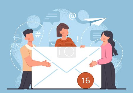 Illustration for Electronic mail concept. Man and women stand with envelope in hands. Business correspondence and marketing. Communication and interaction on Internet. New message. Cartoon flat vector illustration - Royalty Free Image