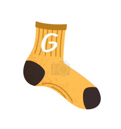 Illustration for Yellow stylish sock. Aesthetics and elegance. Woolen and knitted handmade object. Textile and cotton. Apparel and wear. Template, layout and mock up. Cartoon flat vector illustration - Royalty Free Image