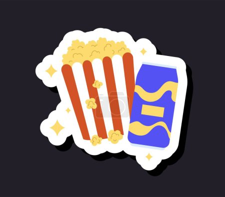 Illustration for Cinema popcorn sticker. Delicious and sweet food with lemonade and beverage drink. Set of food for comfortable watching movies and series. Poster or banner for site. Cartoon flat vector illustration - Royalty Free Image