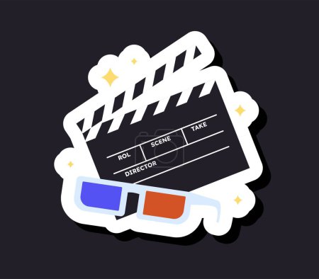 Illustration for Cinema clapperboard and 3d glasses sticker. Equipment for filming and watching movies. Graphic element for social networks and messengers. Theme of cinema. Cartoon flat vector illustration - Royalty Free Image