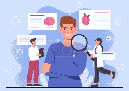 Illustration for Physical assessment concept. Man and woman with magnifying glass evaluate young guy, state of brain and heart. Regular check up and diagnosis. Cartoon flat vector illustration - Royalty Free Image