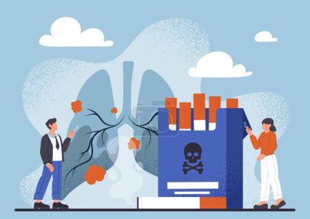 Illustration for Cigarette addiction concept. Man and woman smoke against background of diseased lungs. Bad habits and nicotine, tobacco. Toxic and unhealthy product. Cartoon flat vector illustration - Royalty Free Image