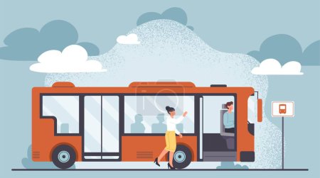 Illustration for Bus driver concept. Man on vehicle stops in front of passenger, public city transport. Traffic on highroad, citizen and urban infrastructure. Cartoon flat vector illustration - Royalty Free Image