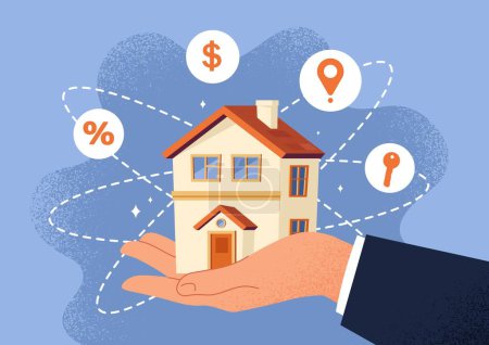Illustration for Buy house concept. Businessmans hand holding real estate. Financial literacy and passive income, investing. Deal sale, property purchase, agency. Rent and mortage. Cartoon flat vector illustration - Royalty Free Image