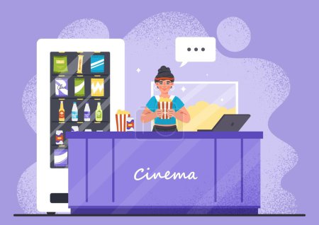 Illustration for Cinema food concept. Woman with popcorn and soda stands at checkout. Seller offers goods. Entertainment and events, leisure. Young girl offers snacks and drinks. Cartoon flat vector illustration - Royalty Free Image