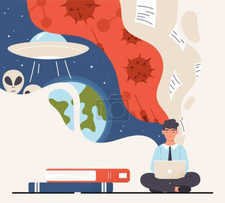 Illustration for Conspiracy ideas concept. Man sits with laptop in lotus position and thinks about aliens and viruses. Unverified information and fantasy. Secret community information. Cartoon flat vector illustration - Royalty Free Image