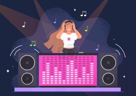 Illustration for Dj in club. Woman in headphones near speakers. Party and disco, event. Music, song and melody. Young girl making musical mix with special equipment. Cartoon flat vector illustration - Royalty Free Image
