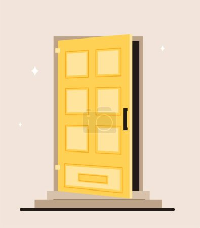 Open yellow door concept. Unlocked entrance in building, facade and exterior or interior. Exit in office or home. Outside view at wooden object. Cartoon flat vector illustration