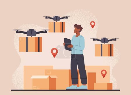 Illustration for Drone delivery concept. Modern technology and information, online shopping and transportation of boxes using gadgets. Logistics and route, cargo distribution. Cartoon flat vector illustration - Royalty Free Image