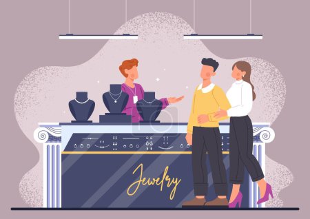 Illustration for Jewelry shop concept. Man and woman choose jewelry and gold bracelet around neck. Gift and surprise. Seller and buyers. Diamonds and valuables. Fashion and trend. Cartoon flat vector illustration - Royalty Free Image