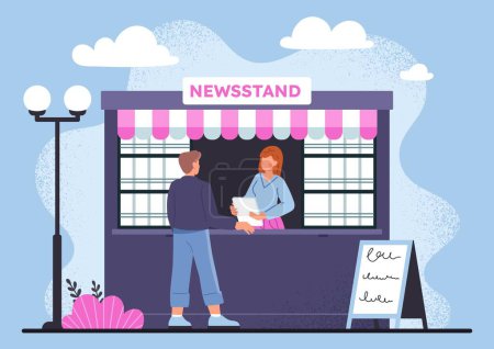 Illustration for News stand concept. Man buys newspapers in stall. Seller and buyer, knowledge and information. Young guy standing at kiosk with press from mass media. Cartoon flat vector illustration - Royalty Free Image