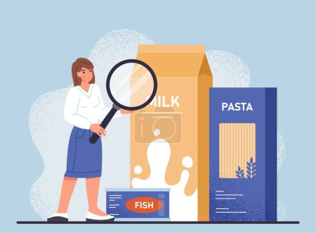 Illustration for Nutrition facts concept. Woman with magnifying glass evaluates milk, fish and pasta. Composition of products, carbohydrates, proteins and fats, useful microelements. Cartoon flat vector illustration - Royalty Free Image