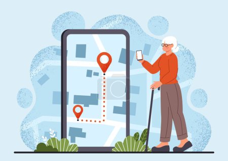 Illustration for Old woman with online map. Grandmother looks at route, smartphone application. Elderly person with smartphone. Navigation and geolocation, GPS. Cartoon flat vector illustration - Royalty Free Image