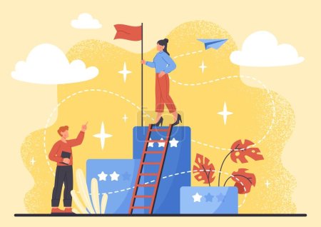 Success stories concept. Man looks at woman with red flag on top. Leadership and goal setting, motivation and inspiration. Ambition and career growth