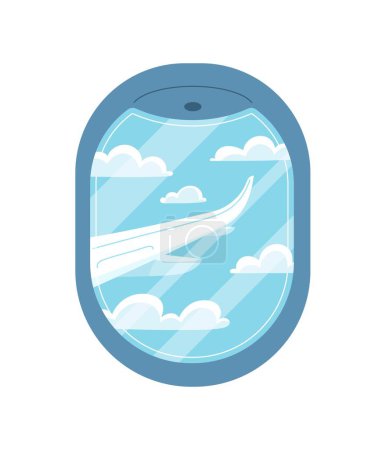 Illustration for Airplane window with blue sky. View outside plane. Travel and tourism, flights. Graphic elements for website. Aircraft wing from inside cabin. Cartoon flat vector illustration - Royalty Free Image
