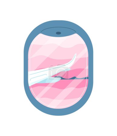 Illustration for Airplane window with pink sky. Transportation of cargo or journey. Vacation and holiday, tourism and flight. Template, layout and mock up. Cartoon flat vector illustration - Royalty Free Image