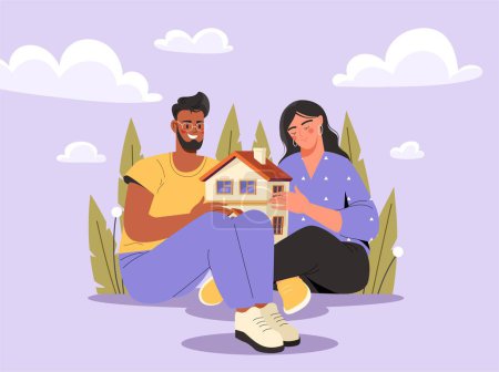 Illustration for People buying house. Man and woman choose real estate and private property. Investing and trading, mortage. Family budget and savings. Cottage and building. Cartoon flat vector illustration - Royalty Free Image