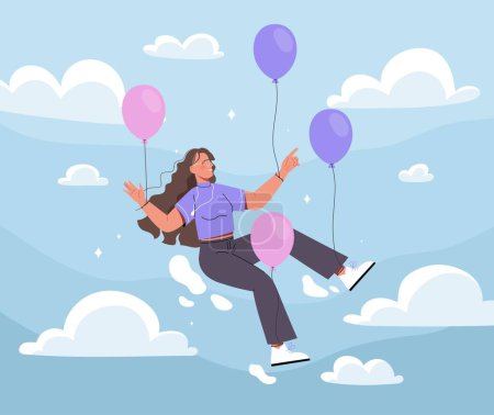 Illustration for Concept of freedom. Woman flies in air on balloons. Lightness and comfort. Mindfulness, psychology and mental health. Calm, inner peace and balance metaphor. Cartoon flat vector illustration - Royalty Free Image