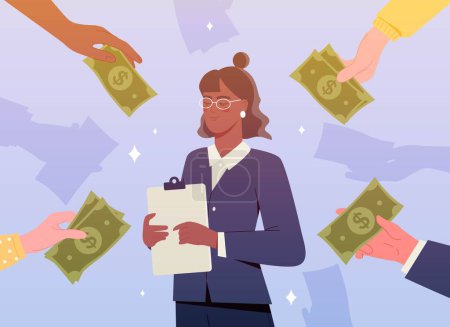 Illustration for Concept of skilled professionals. Woman with qualification in suit stands in front of her hands with banknotes. Desirable specialist and candidate for vacancy. Cartoon flat vector illustration - Royalty Free Image