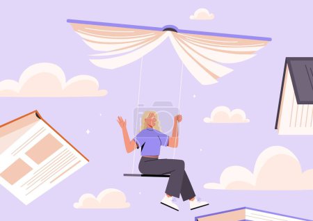 Illustration for Education and self development concept. Woman swings in sky on swing made of books. Knowledge and information, imagination and fantasy. Inspiration and ambition. Cartoon flat vector illustration - Royalty Free Image