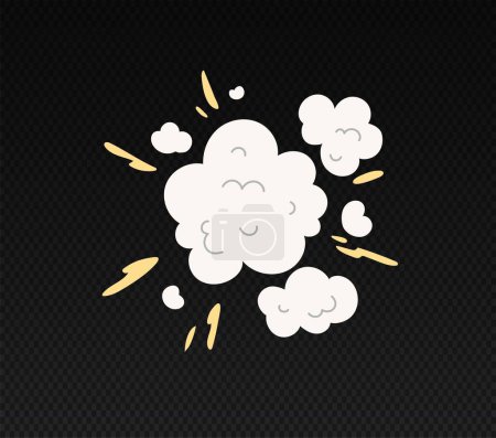Illustration for Explosive effect concept. Damage from explosion on copy space, fire and smog or grey cloud. Game, war and conflict. Cartoon flat vector illustration isolated on transparent background - Royalty Free Image