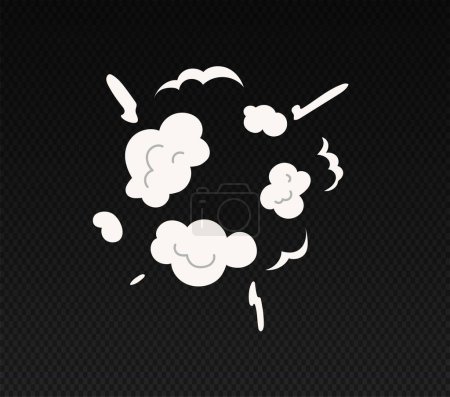 Illustration for Explosive effect concept. White clouds set. Destruction and attack. Smog and fire from explosion on copy space. Cartoon flat vector illustration isolated on transparent background - Royalty Free Image