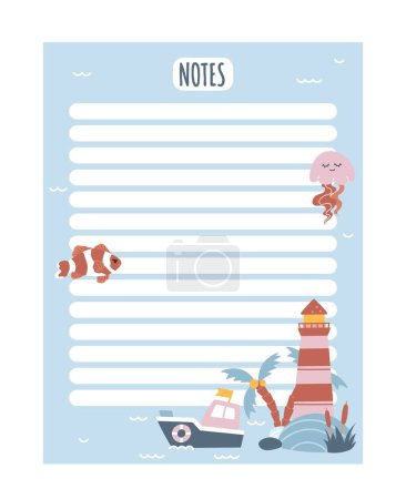 Illustration for Kids notebook page with lighthouse. Education and training for schoolchildren. School supplies, to do list. Poster or banner for website.. Cartoon flat vector illustration - Royalty Free Image