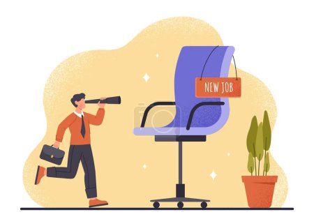 Illustration for New job offer. Man with briefcase and binoculars looks at empty chair. Recruitment and candidate for vacancy. Employee looking for job. New position or hiring. Cartoon flat vector illustration - Royalty Free Image