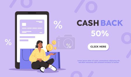 Illustration for Online payment concept. Woman sits with gold coins on background of smartphone screen. Cashback and loyalty program, discounts and promotions. Shopping on Internet. Cartoon flat vector illustration - Royalty Free Image