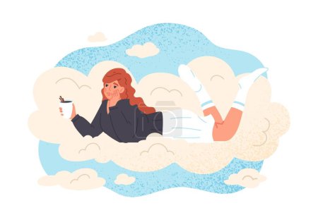 Illustration for Woman in clouds. Young girl lies with mug of coffee or tea in her hands. Character with hot drink daydreaming. Imagination and fantasy, freedom. Cartoon flat vector illustration - Royalty Free Image