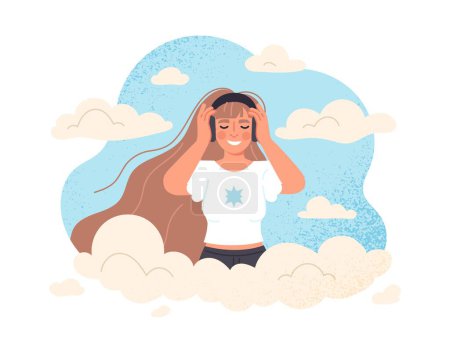 Illustration for Woman in clouds. Young girl stands in headphones and enjoys. Good emotions, positivity and optimism. happy character dreaming. Psychology and mindfulness. Cartoon flat vector illustration - Royalty Free Image