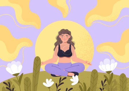 Illustration for Spiritual therapy concept. Woman sits in lotus position and meditates. Self development and awareness. Mental health and psychology. Inner peace and balance. Cartoon flat vector illustration - Royalty Free Image