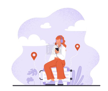 Illustration for Female tourist with baggage. Young girl in headphones with smartphone sits on suitcase and waits. Travel and tourism. Woman with bag or luggage. Cartoon flat vector illustration - Royalty Free Image