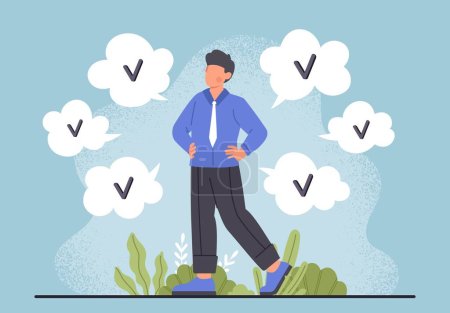 Illustration for Competence and experienced. Man next to clouds with checkmarks. Approval and acceptance. Business and workflow, talented and ambitious employee. Effective attitude. Cartoon flat vector illustration - Royalty Free Image