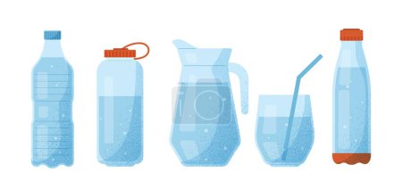 Ilustración de Diferentes contenedores con agua. Botella de plástico, jarra de vidrio y taza con paja líquida y paja. Beba más por un estilo de vida saludable. Dibujos animados ilustraciones vectoriales planas aisladas sobre fondo blanco - Imagen libre de derechos