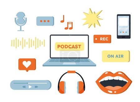Illustration for Different podcast stuff set. Collection of graphic elements for website. Lips, laptop, microphone and audio message icon, reaction. Cartoon flat vector illustrations isolated on white background - Royalty Free Image