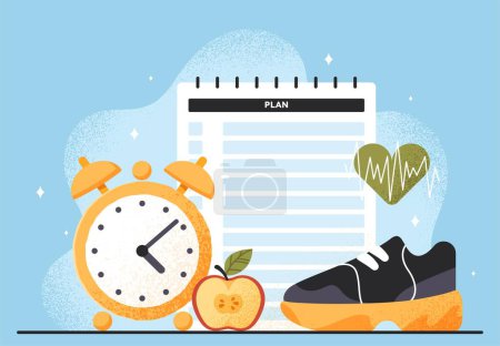 Illustration for Healthy lifestyle habits concept. Proper daily routine, sports and fitness equipment and nutrition plan. Piece of apple and sneakers. Workout and active lifestyle. Cartoon flat vector illustration - Royalty Free Image