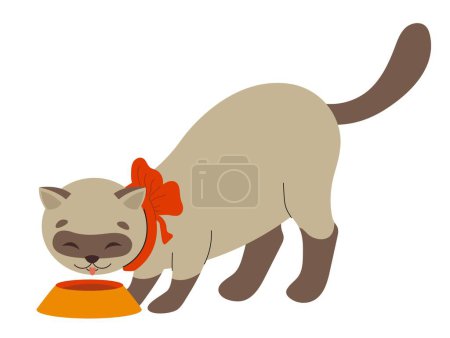 Illustration for Cute domestic animal. Sticker with beautiful beige cat eating food from bowl. Hungry kitten satisfies appetite. Beautiful pet with bow. Cartoon flat vector illustration isolated on white background - Royalty Free Image
