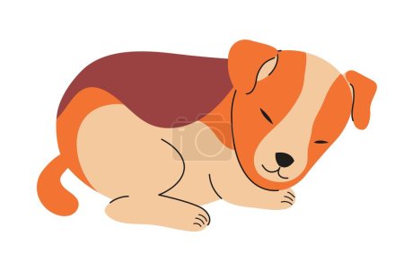 Ilustración de Lindo animal doméstico. Pegatina con hermoso cachorro recién nacido acostado y durmiendo. Perro pequeño con el pelo manchado. Adorable mascota. Ilustración vectorial plana de dibujos animados aislada sobre fondo blanco - Imagen libre de derechos