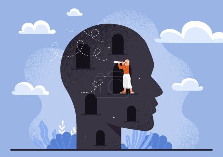 Illustration for Mental self discovery concept. Woman in abstract head silhouette. Young girl with binoculars plans and sets goals. Mindfulness and psychology, mental health. Cartoon flat vector illustration - Royalty Free Image