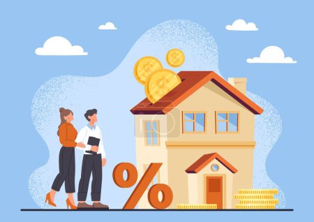 Illustration for Home mortgage concept. Transactions for sale and purchase of real estate. Building with big red percentages. Family budget and savings. Couple pay credit to bank. Cartoon flat vector illustration - Royalty Free Image