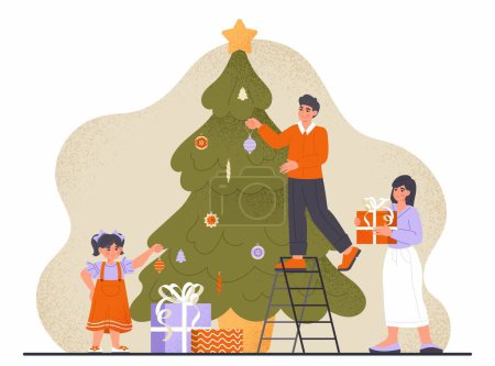 Illustration for Christmas and new year preparation. Family decorates Christmas tree with balls and garlands. Traditional winter holidays. Father, mother and daughter with presents. Cartoon flat vector illustration - Royalty Free Image