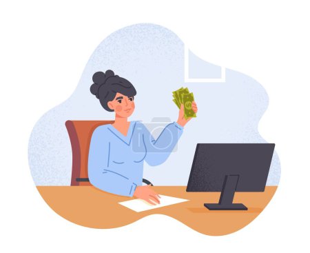 Illustration for Woman with money at workplace. Worker rejoices at large salary, young girl with banknotes in her hands. Financial literacy and passive income. Salary and earnings. Cartoon flat vector illustration - Royalty Free Image