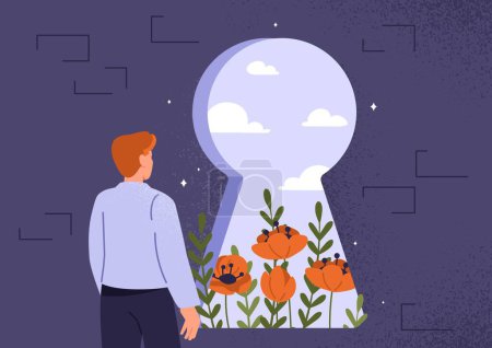 Illustration for Life changing secret door. Man looks through keyhole at flowers and plants. Inspiration and motivation, self development. New opportunity or challenge, solution. Cartoon flat vector illustration - Royalty Free Image
