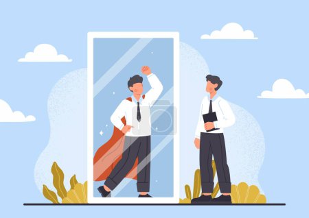 Illustration for Self confidence concept. Man in suit looks at his reflection in mirror and sees himself in superhero cape. Positive psychology and optimism. Love and self acceptance. Cartoon flat vector illustration - Royalty Free Image