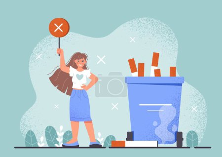 Illustration for Stop smoking concept. Woman near trash can with discarded cigarettes. Fight bad habits and take care of your health. Young girl gave up smoking. Nicotine rejection. Cartoon flat vector illustration - Royalty Free Image