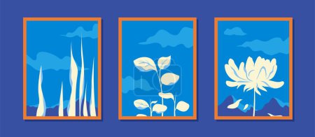 Ilustración de Conjunto abstracto de arte botánico mural. Colección de elementos gráficos para sitio. Siluetas blancas de plantas y flores. Creatividad minimalista. Dibujos animados ilustraciones vectoriales planas aisladas sobre fondo azul - Imagen libre de derechos