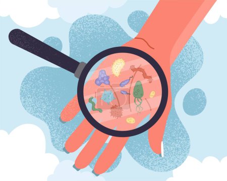 Illustration for Bacteria on hand. Magnifying glass directed at palm of person. Median analysis and chemistry. Health care and diagnosis. - Royalty Free Image